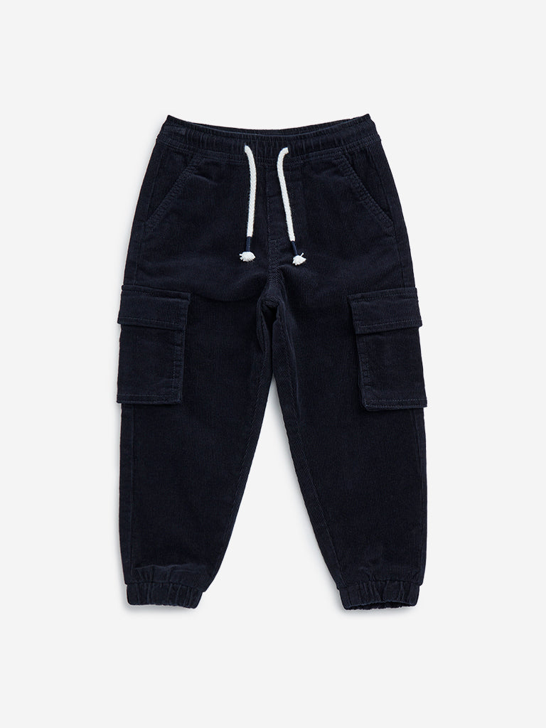 HOP Kids Navy Cargo-Style Corduroy Mid-Rise Cotton-Blend Joggers
