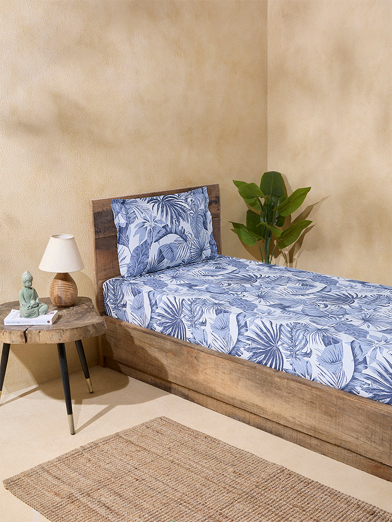 Buy Westside Home Dusty Blue Botanical Design Single Bed Fitted Sheet