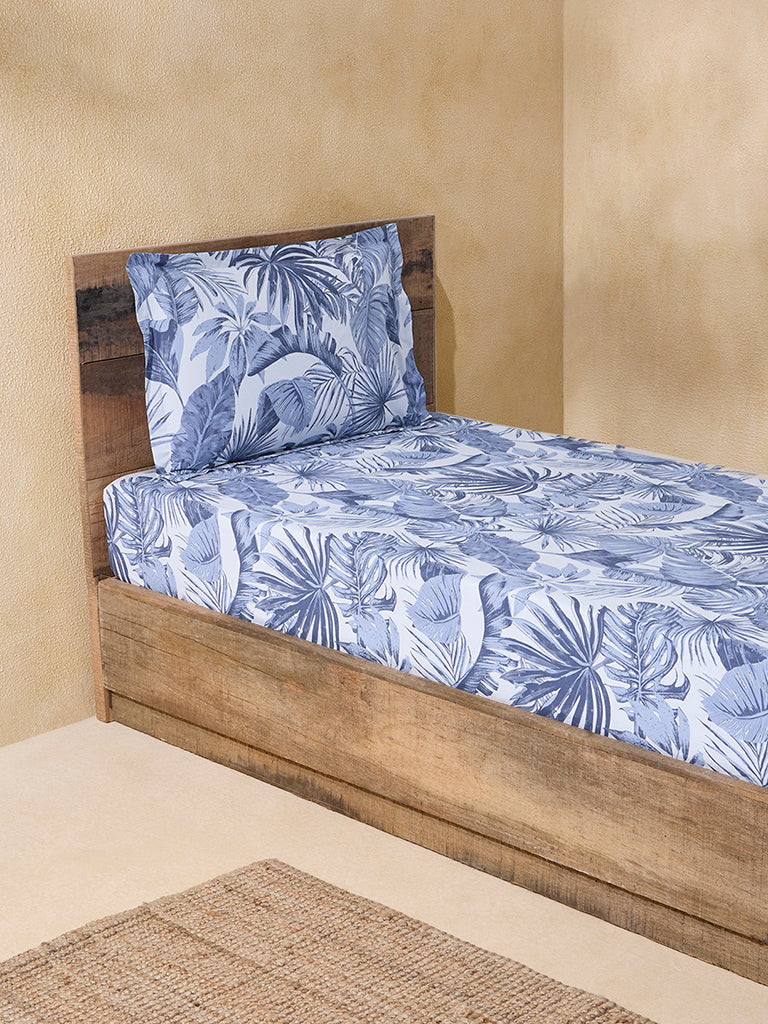 Buy Westside Home Dusty Blue Botanical Design Single Bed Fitted Sheet