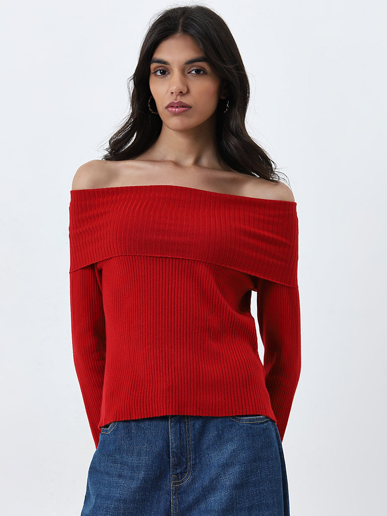 Buy LOV Red Ribbed Textured Top from Westside