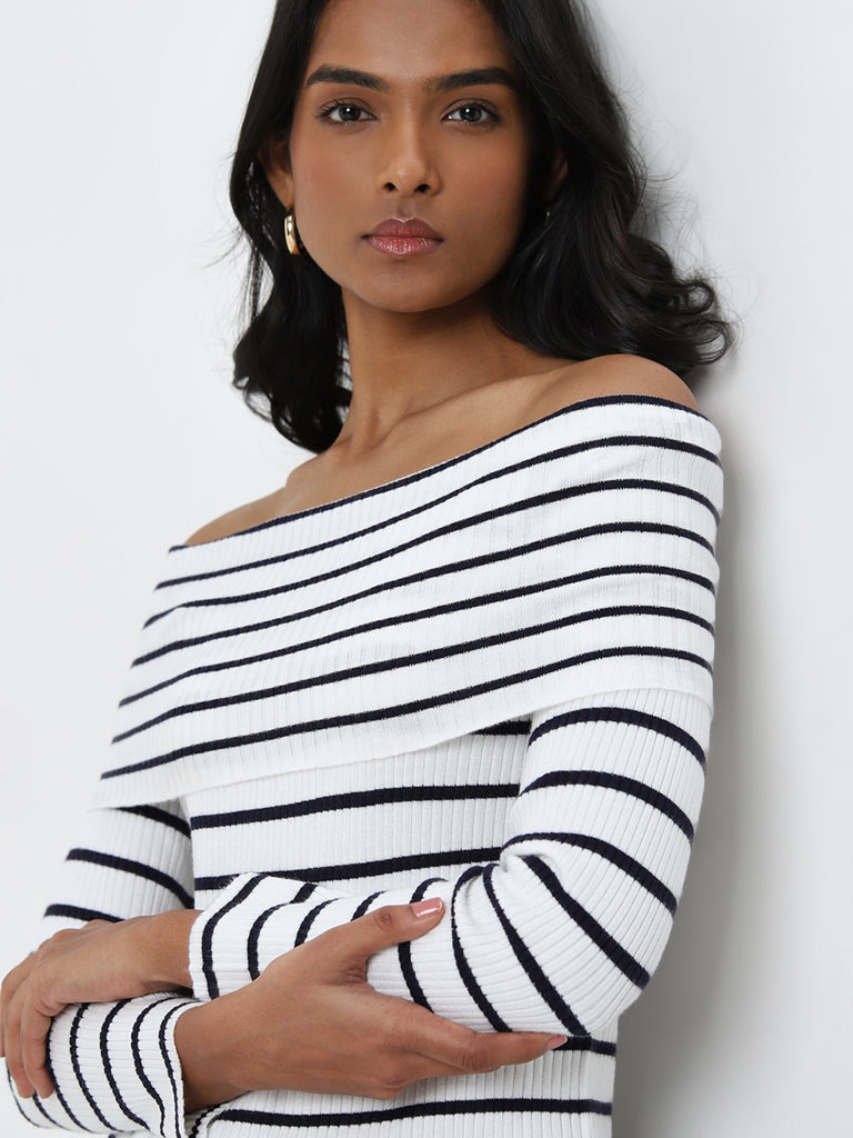 Buy LOV White Black Striped Off Shoulder Top from Westside