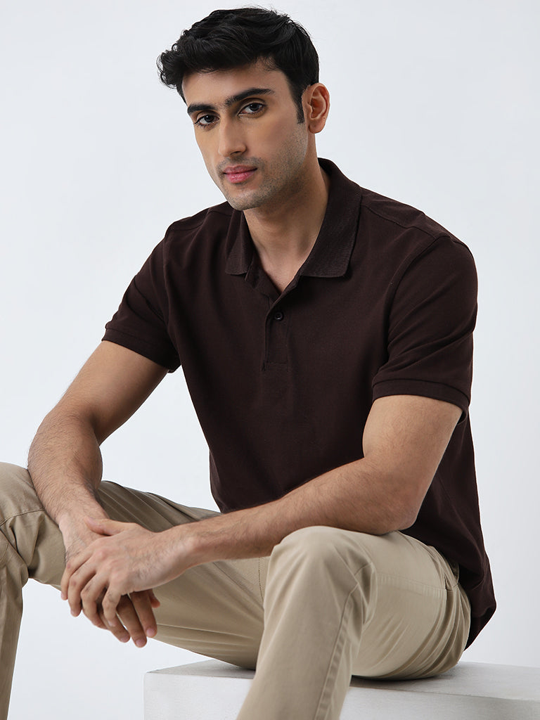 WES Casuals Brown Relaxed-Fit Cotton-Blend Polo T-Shirt