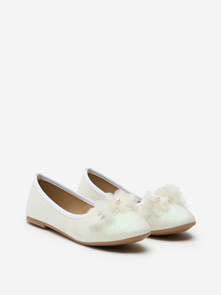 Westside Yellow Kids White Pearl Floral Embellished Ballerina for Party Wear Front View