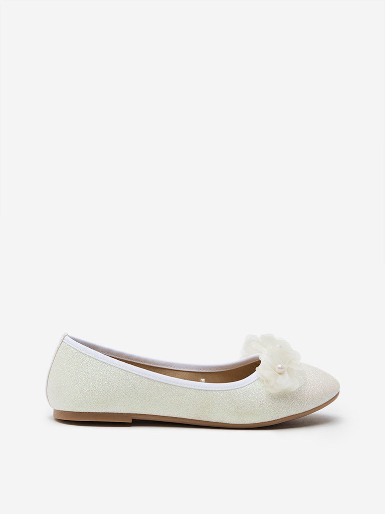 Westside Yellow Kids White Pearl Floral Embellished Ballerina for Party Wear Side View