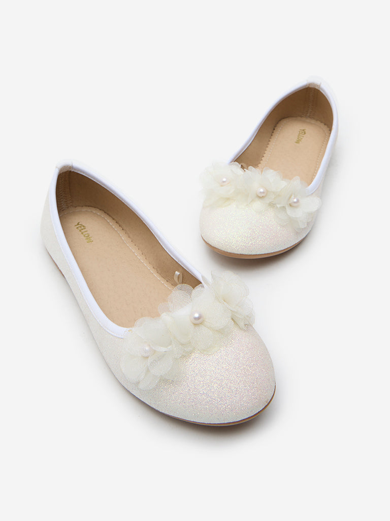 Westside Yellow Kids White Pearl Floral Embellished Ballerina for Party Wear Zoomed View