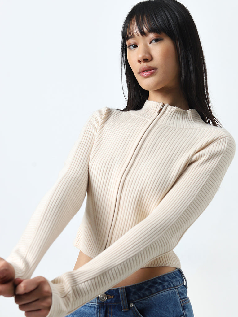 Nuon Beige Ribbed Cotton-Blend Cardigan