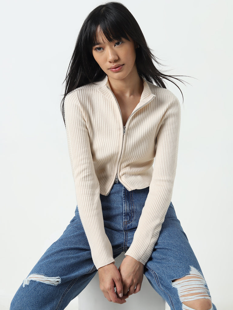 Nuon Beige Ribbed Cotton-Blend Cardigan