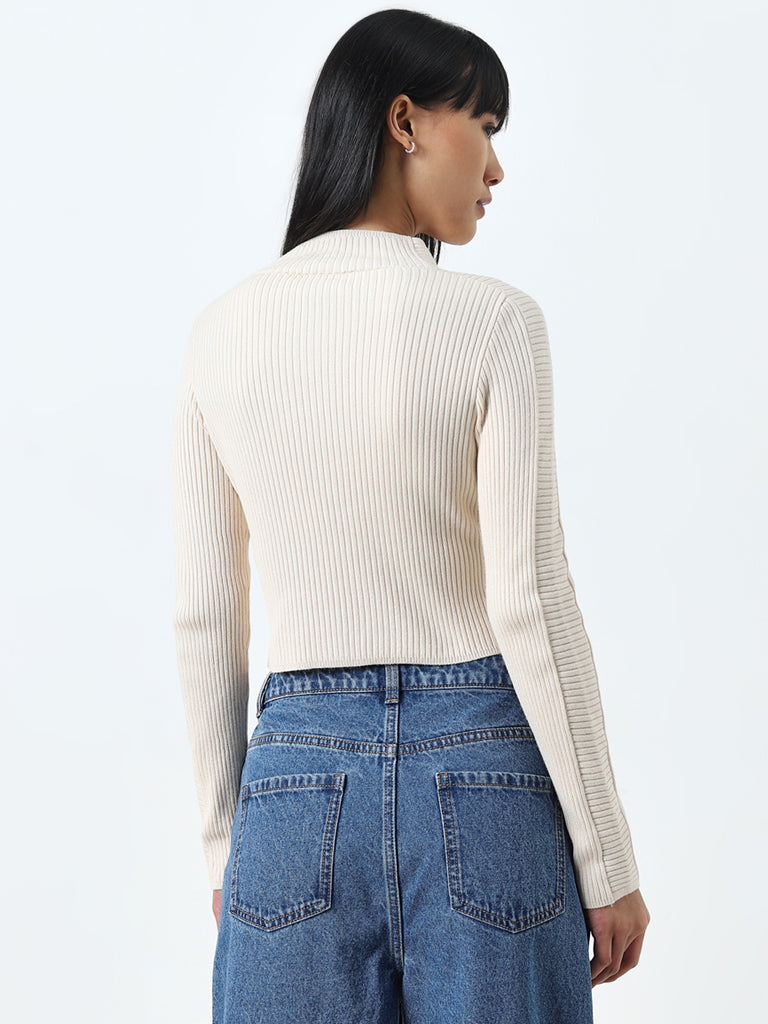 Nuon Beige Ribbed Cotton-Blend Cardigan