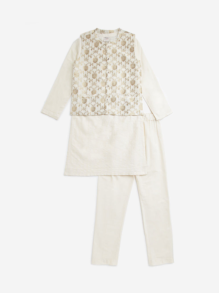 Westside Utsa Kids Ivory Floral Design Jacket, Kurta and Pants Set - (8 -14yrs) for Ethnic Wear Front View