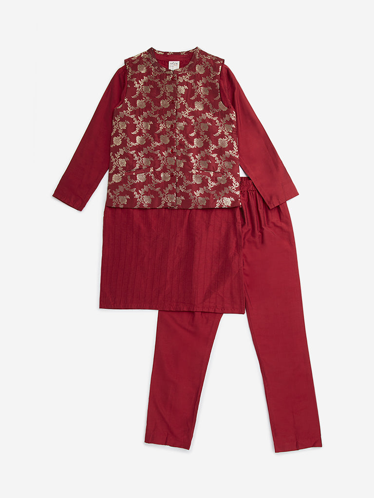 Westside Utsa Kids Red Floral Design Jacket, Kurta and Pants Set - (8 -14yrs) for Ethnic Wear Front View