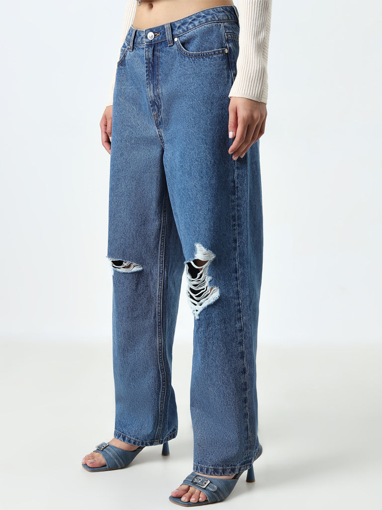 Nuon Blue Ripped Relaxed - Fit High - Rise Jeans