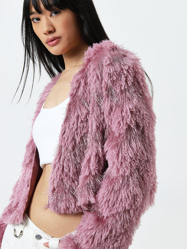 Nuon Pink Shimmer-Detailed Faux-Fur Jacket