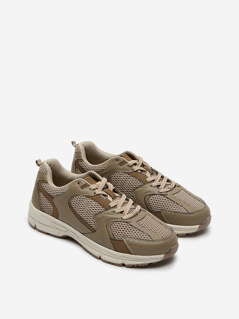 Westside SOLEPLAY Men's  Taupe Mesh-Detailed Sneakers for Casual Wear Front View
