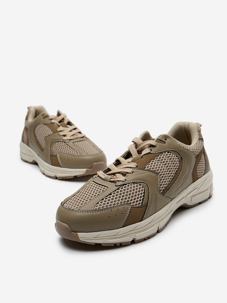 Westside SOLEPLAY Men's  Taupe Mesh-Detailed Sneakers for Casual Wear Zoomed View