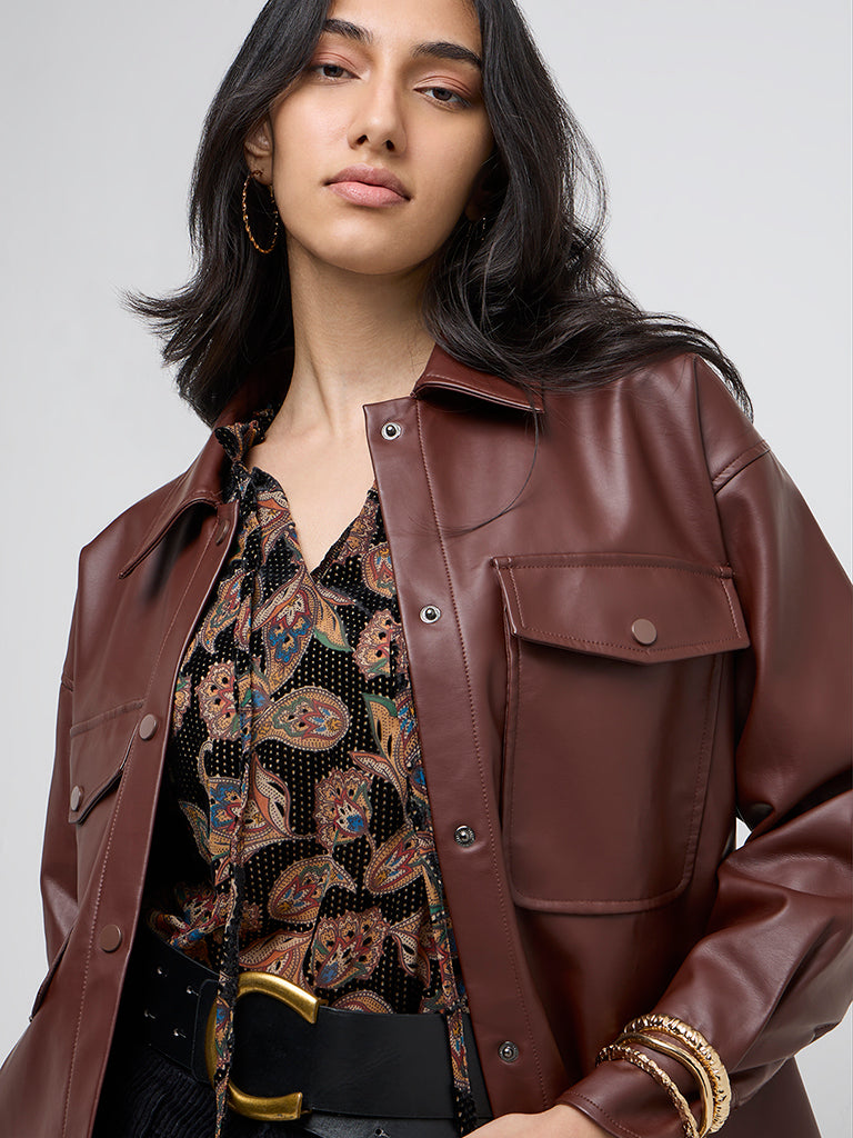 Buy LOV Brown Faux-Leather Jacket from Westside - Main Image