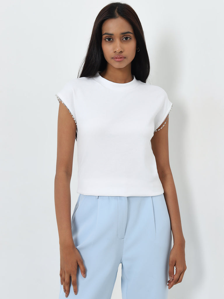 Wardrobe White Embellished Cotton-Blend Top
