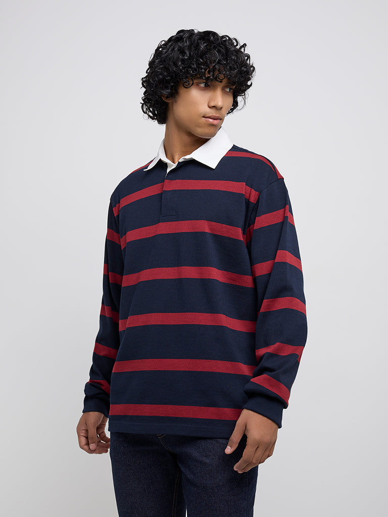 Westside WES Casuals Men's Red Stripe Printed Relaxed-Fit Cotton-Blend Sweater for Winter Wear Front view