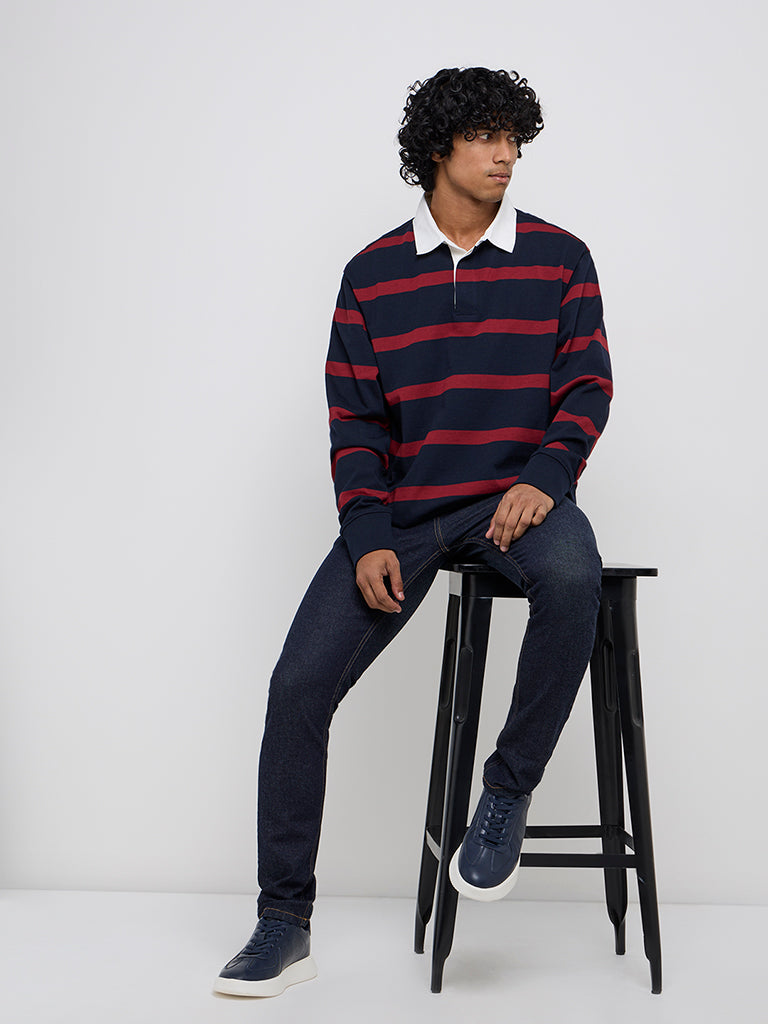 Westside WES Casuals Men's Red Stripe Printed Relaxed-Fit Cotton-Blend Sweater for Winter Wear Full View