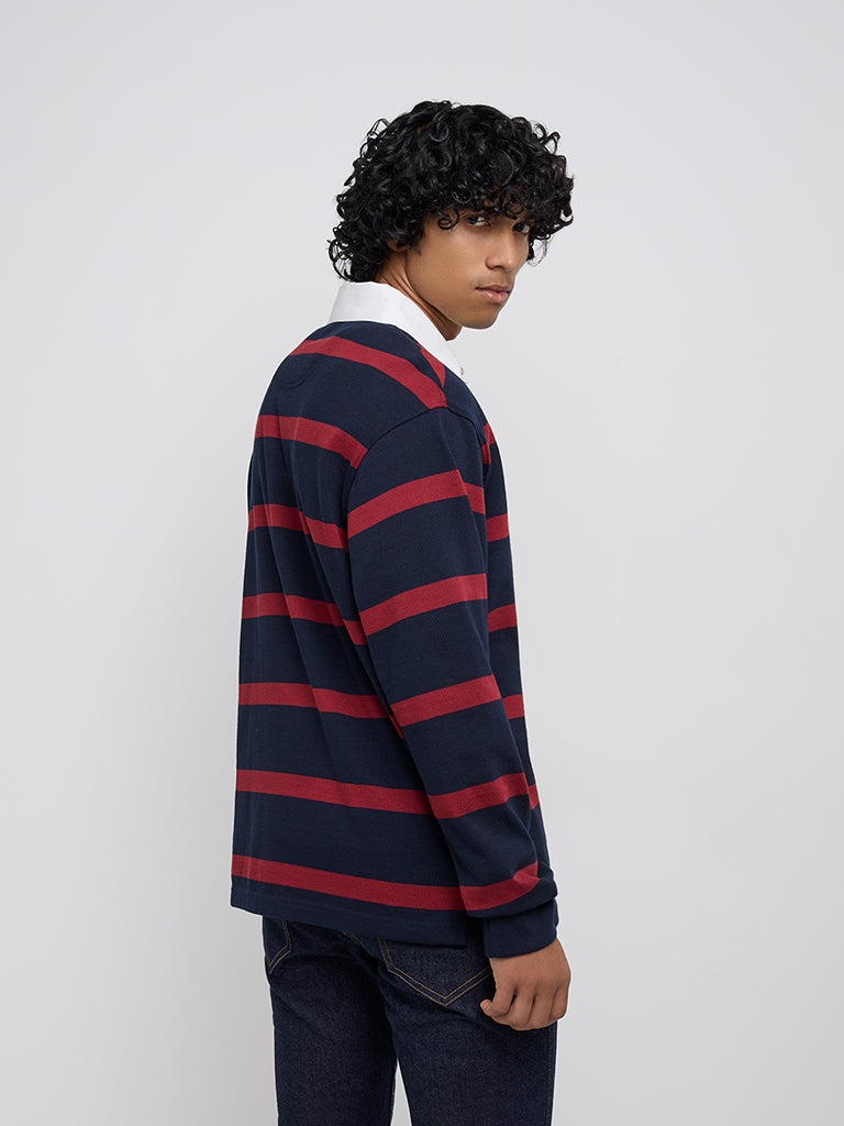 Westside WES Casuals Men's Red Stripe Printed Relaxed-Fit Cotton-Blend Sweater for Winter Wear Back View