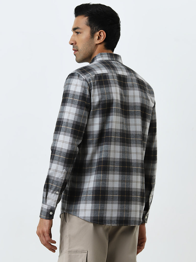 WES Casuals Charcoal Checkered Relaxed-Fit Cotton-Blend Shirt