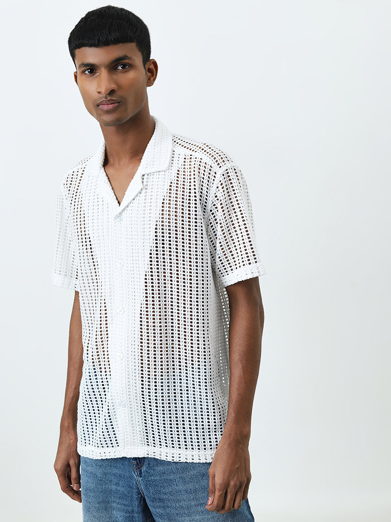 Nuon White Crochet Detailed Relaxed-Fit Shirt