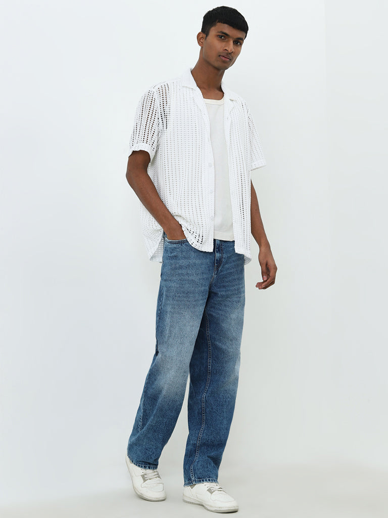 Nuon White Crochet Detailed Relaxed-Fit Shirt