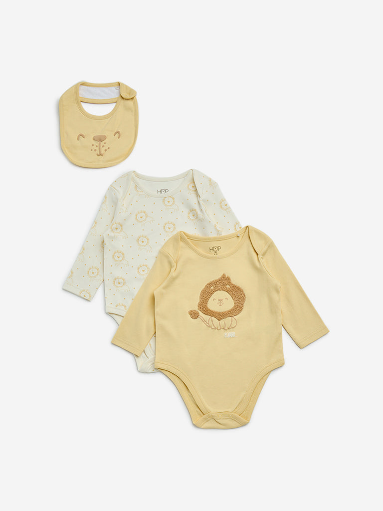 Westside HOP Baby Boy's Yellow Applique-Detailed Cotton Rompers and Bib Set for Casual Wear Front View