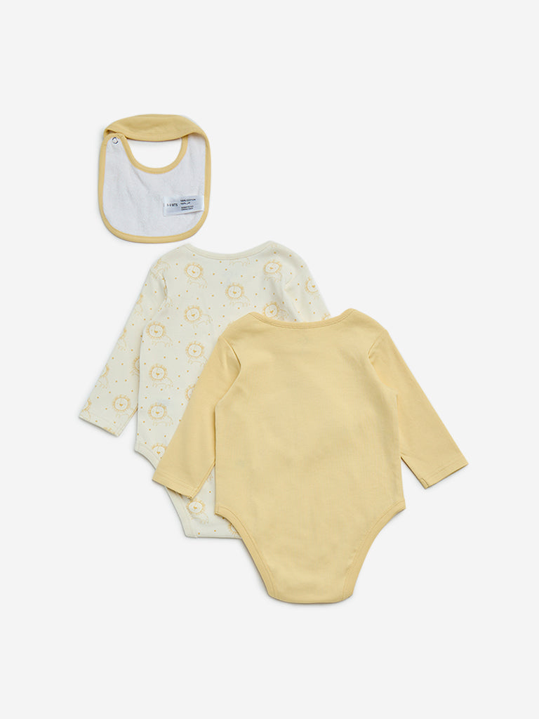 Westside HOP Baby Boy's Yellow Applique-Detailed Cotton Rompers and Bib Set for Casual Wear Pack View