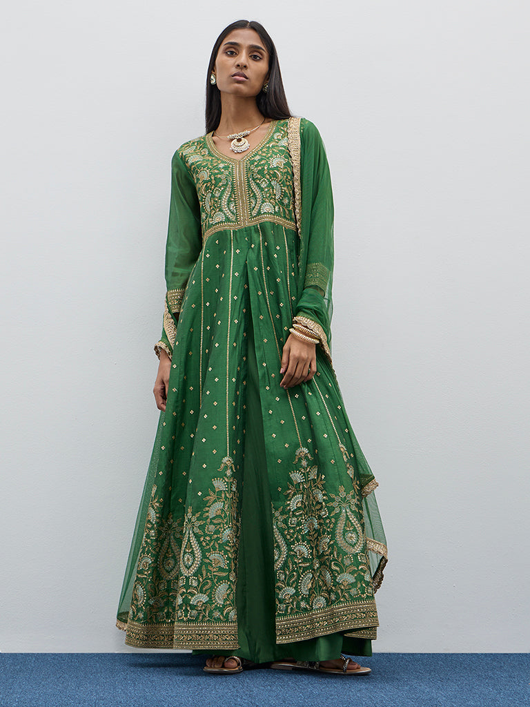 Buy Vark Green Zari Embroidered Kurta, Skirt and Dupatta Set from Westside