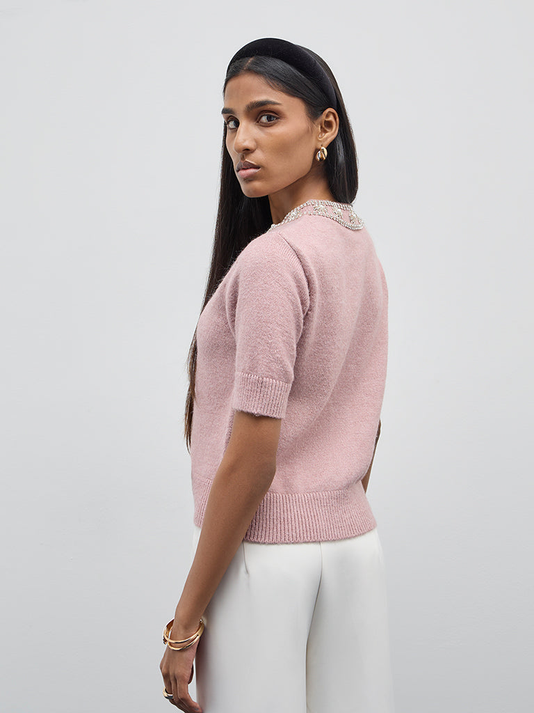 Wardrobe Pink Embellished Knitted Cardigan