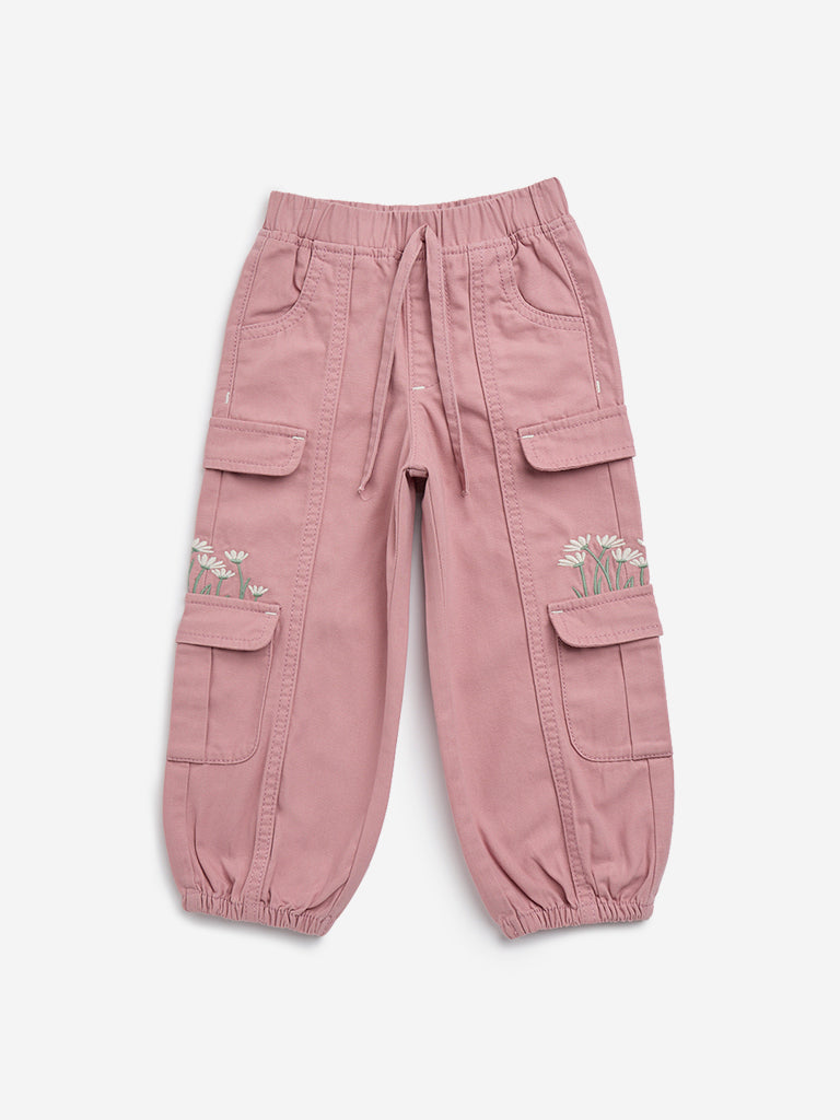 HOP Kids Dusty Pink Floral Mid-Rise Denim Joggers
