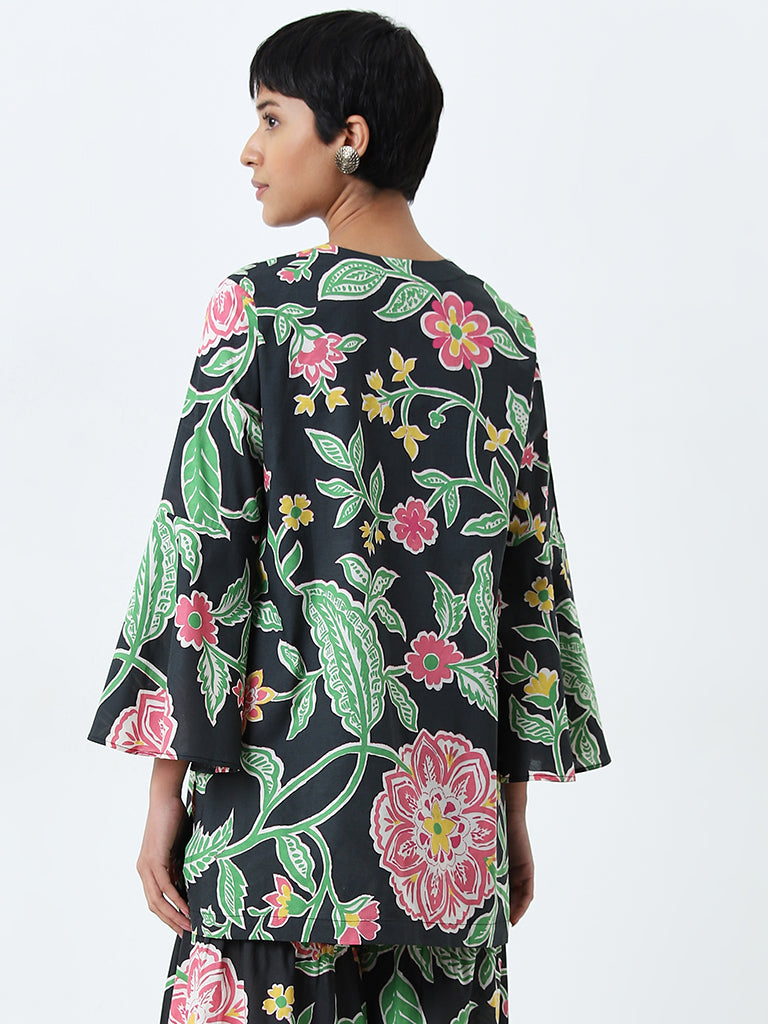 Buy Utsa Black Floral Design Straight Cotton Kurti from Westside