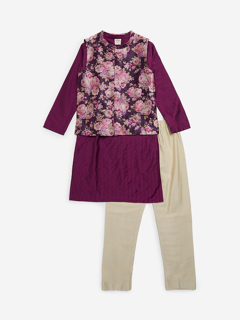 Westside Utsa Kids Purple Kurta, Jacket and Pants Set - (8 - 14yrs) for Ethnic Wear Front View