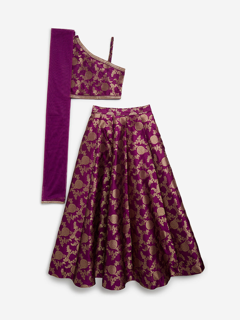 Westside Utsa Kids Purple Embroidered Choli, Ghagra and Dupatta Set - (8 - 14yrs) for Ethnic Wear Front View