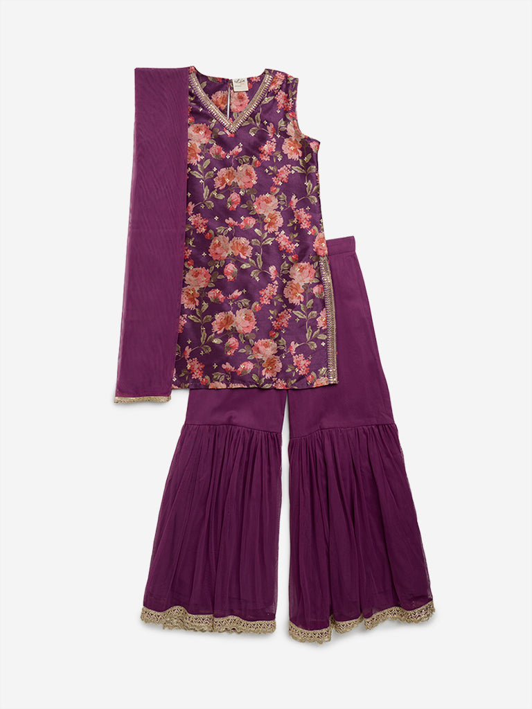 Westside Utsa Kids Purple Embellished Kurta, Sharara and Dupatta Set - (8 - 14yrs) for Ethnic Wear Front View