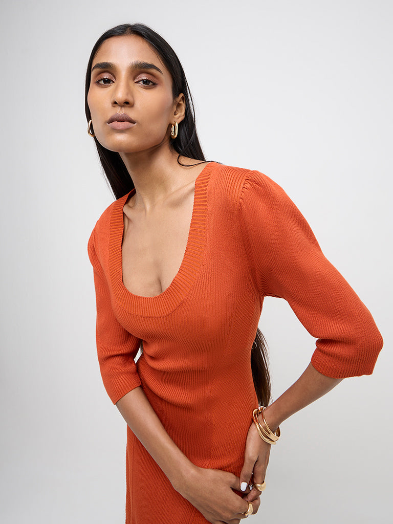 Wardrobe Orange Ribbed-Textured Bodycon Dress