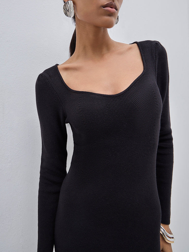 Wardrobe Black Ribbed Cotton-Blend Bodycon Dress