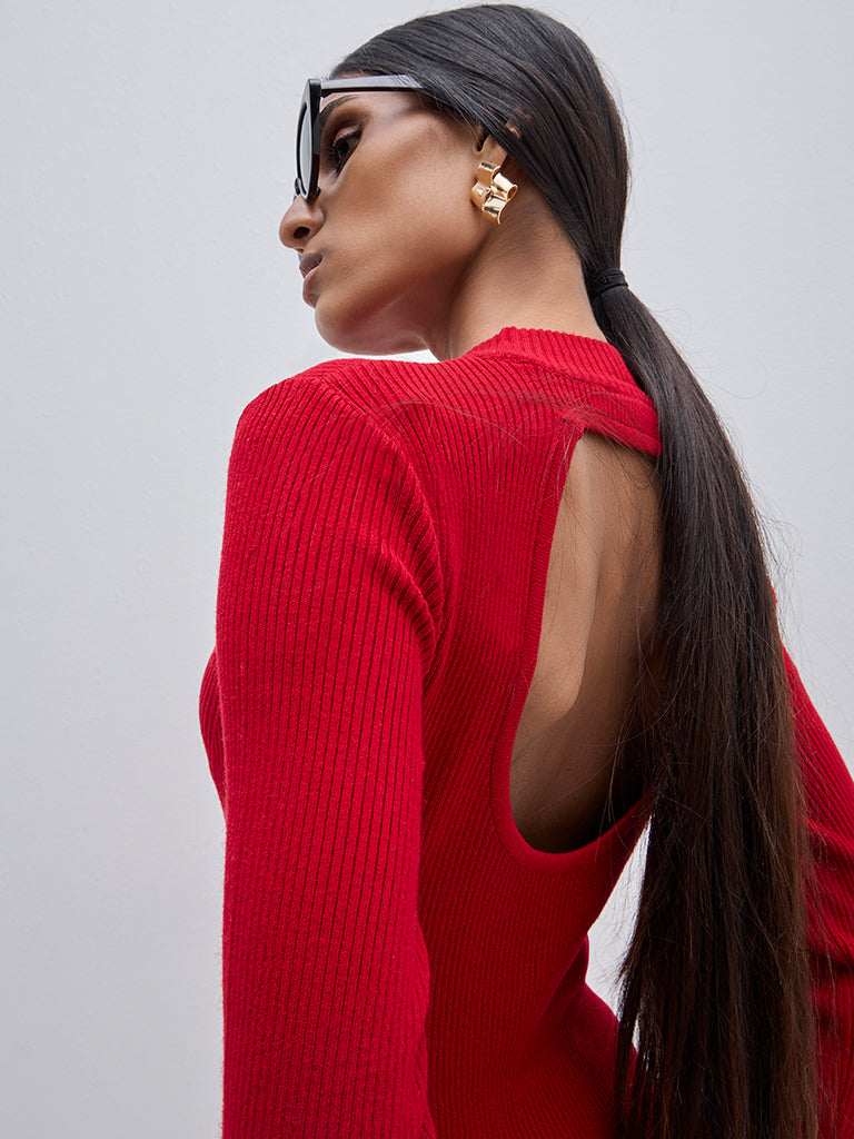 Wardrobe Red Ribbed Cotton-Blend Bodycon Dress