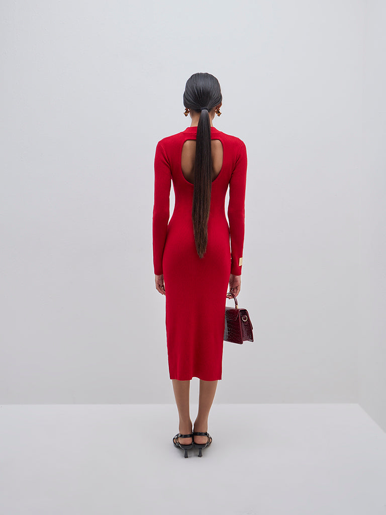 Wardrobe Red Ribbed Cotton-Blend Bodycon Dress