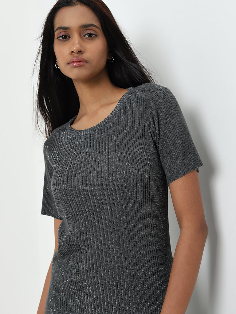 Wardrobe Dark Grey Ribbed Glitter Top