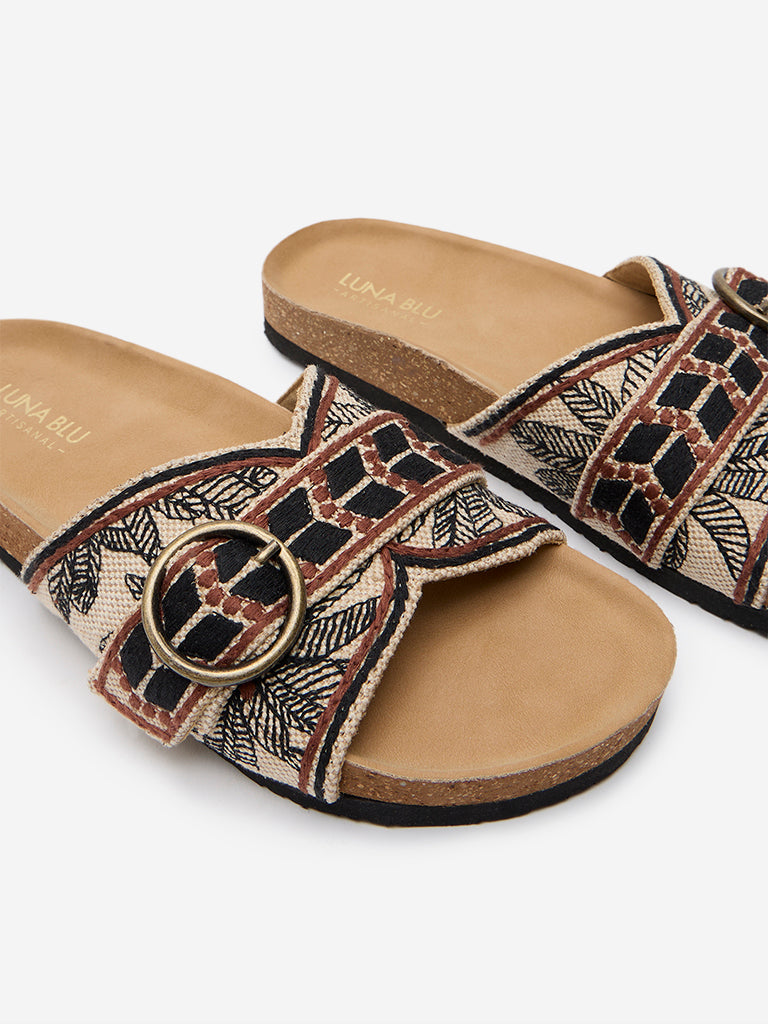 LUNA BLU Black Embroidered Slides