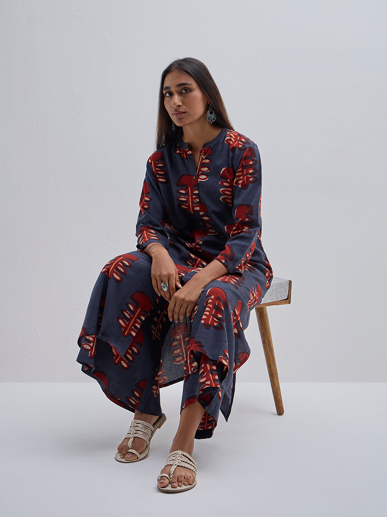 Utsa Navy Abstract Design A-Line Kurta