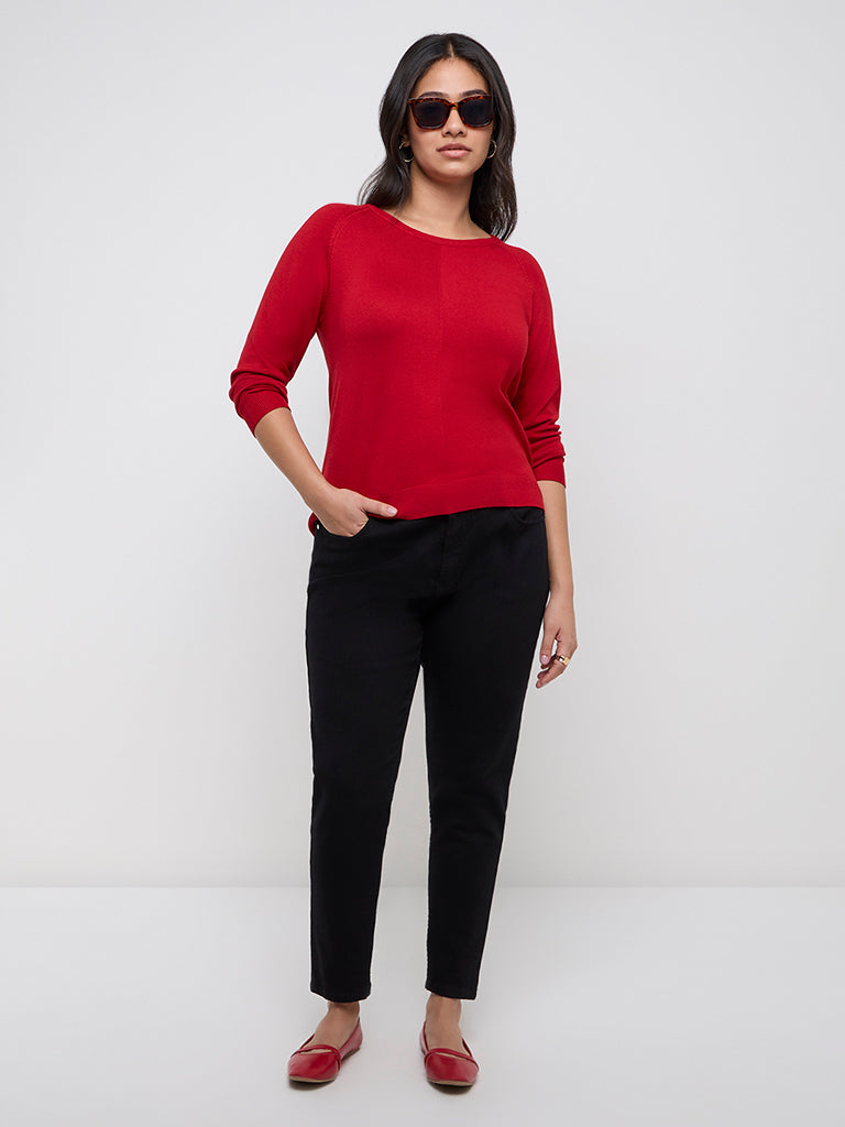 Gia Red Knit-Textured Sweater