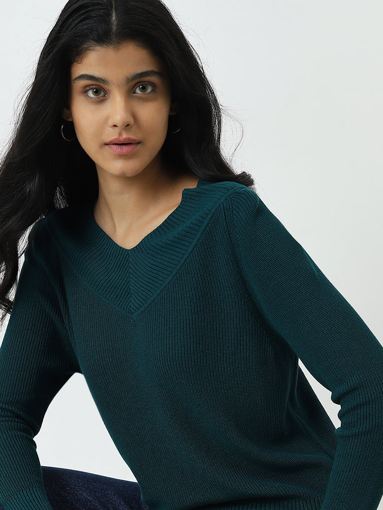 Buy LOV Dark Green Ribbed Sweater from Westside