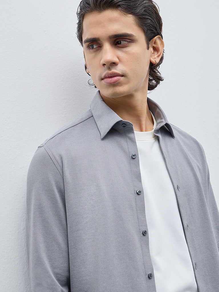 WES Formals Grey Slim-Fit Cotton-Blend Shirt