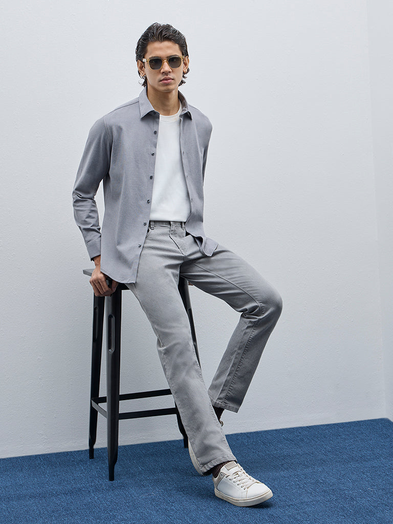 WES Formals Grey Slim-Fit Cotton-Blend Shirt