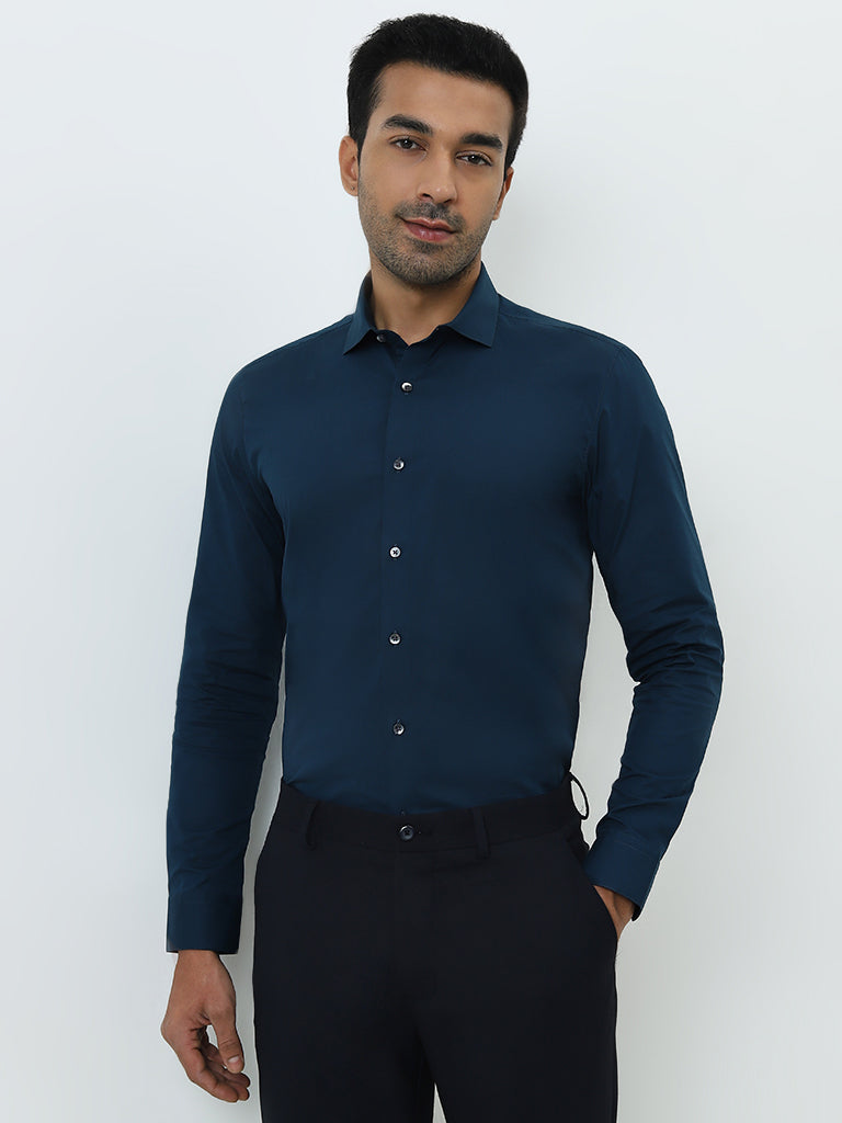 WES Formals Teal Ultra Slim-Fit Cotton-Blend Shirt