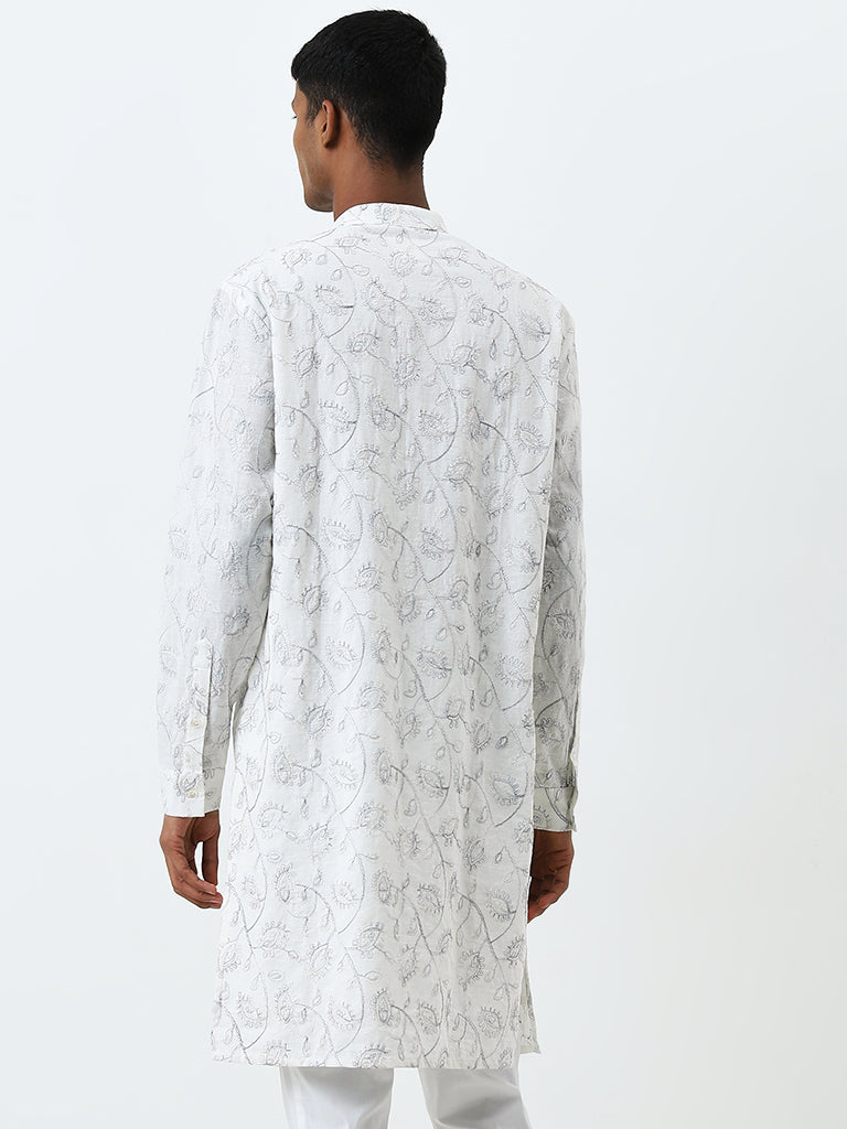 Mens Ethnicwear White Floral Embroidered Cotton Kurta