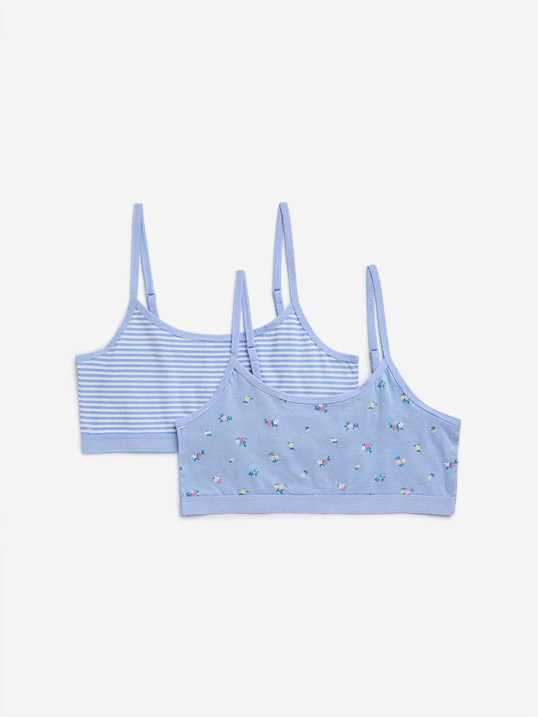 Westside Y&F Girl's Blue Printed Cotton Crop Tops - Pack of 2 for Casual Wear Front View