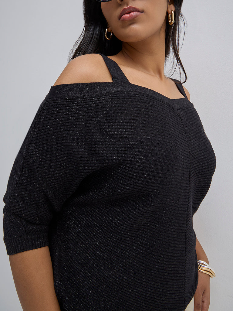 Gia Black Textured Cold-Shoulder Cotton-Blend Sweater